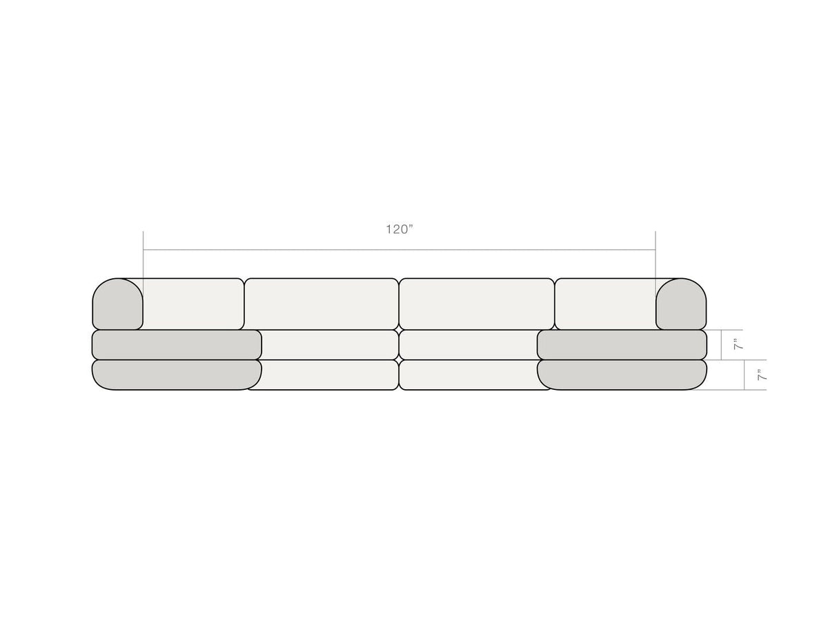 Dimension diagram of the Rezy Flow four-seater sectional, u shape, front view with seat heights
