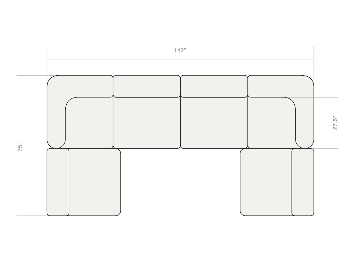 Dimension diagram of the Rezy Flow four-seater sectional, u shape, top view
