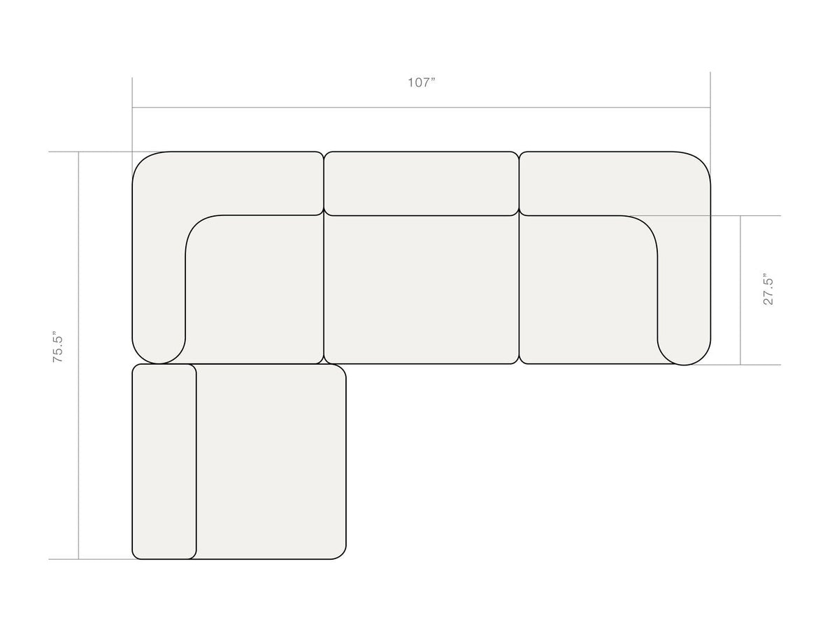 Dimension diagram of the Rezy Flow three-seater sectional, right open chaise, top view