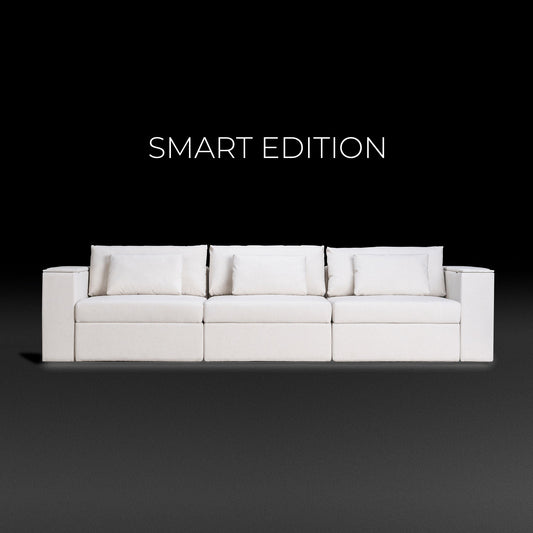 Rezy Design Sofa Store's Three-Seater Sectional Smart Sofa furnishing with white ambient lighting.