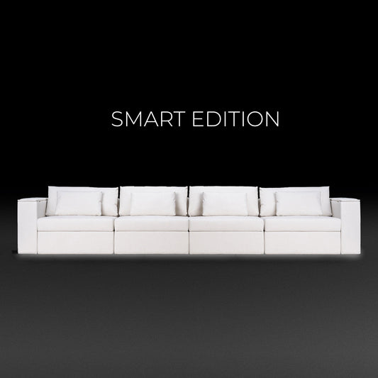 Rezy Design Sofa Store's Four-Seater Sectional Smart Sofa furnishing with white ambient lighting.