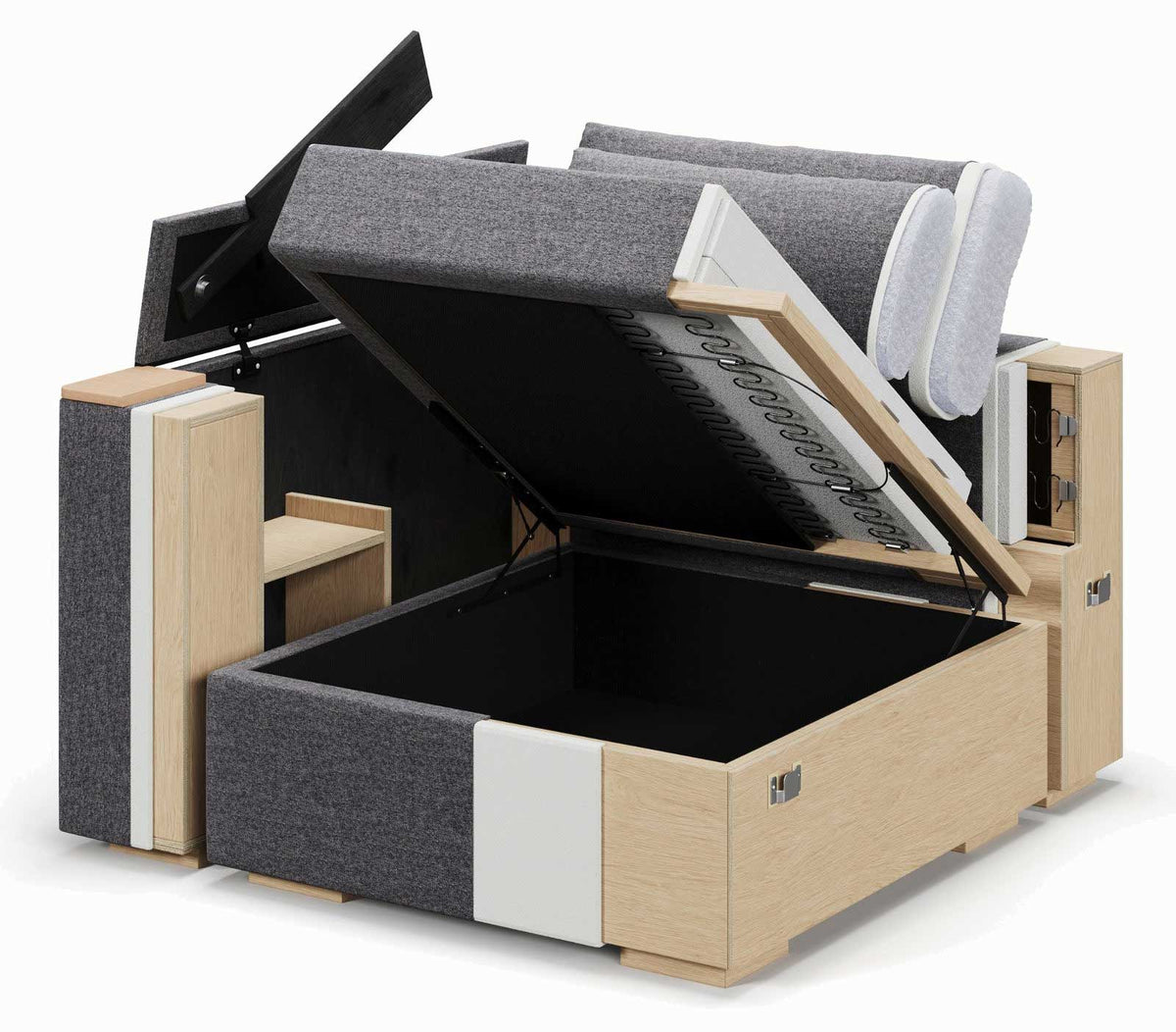 Smart Sofa cutaway showing the performance fabric, foam cushions, steel springs, hydraulic hinges and larch and plywood frame inside